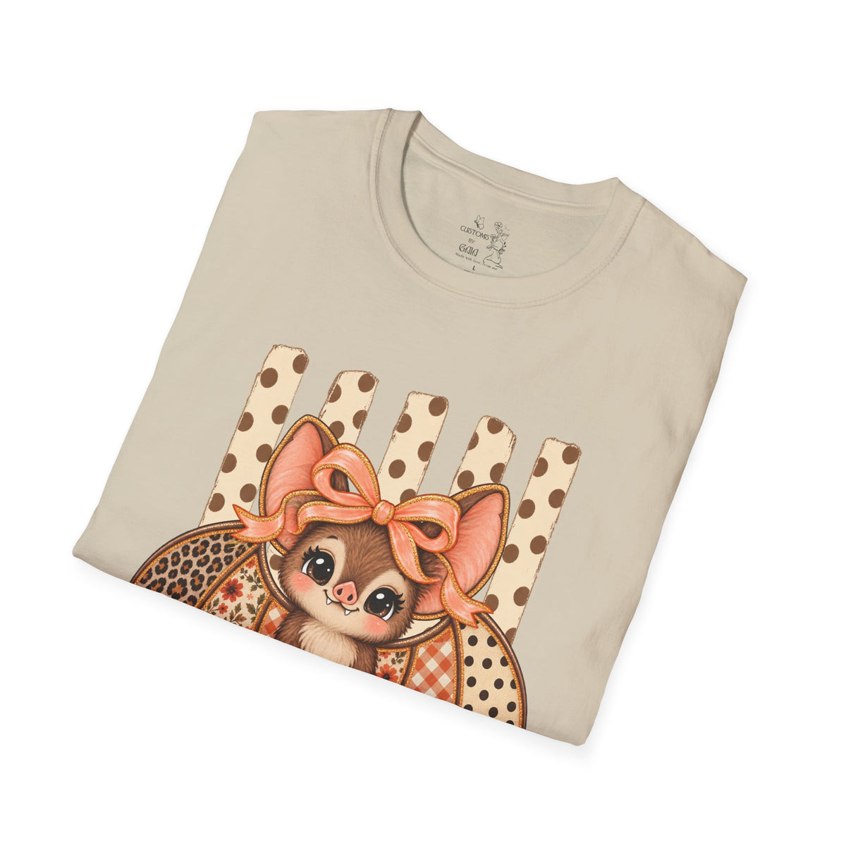 Cute Bat Tee — Adorable Bat with Bow Graphic T-Shirt (Leopard Striped Background)