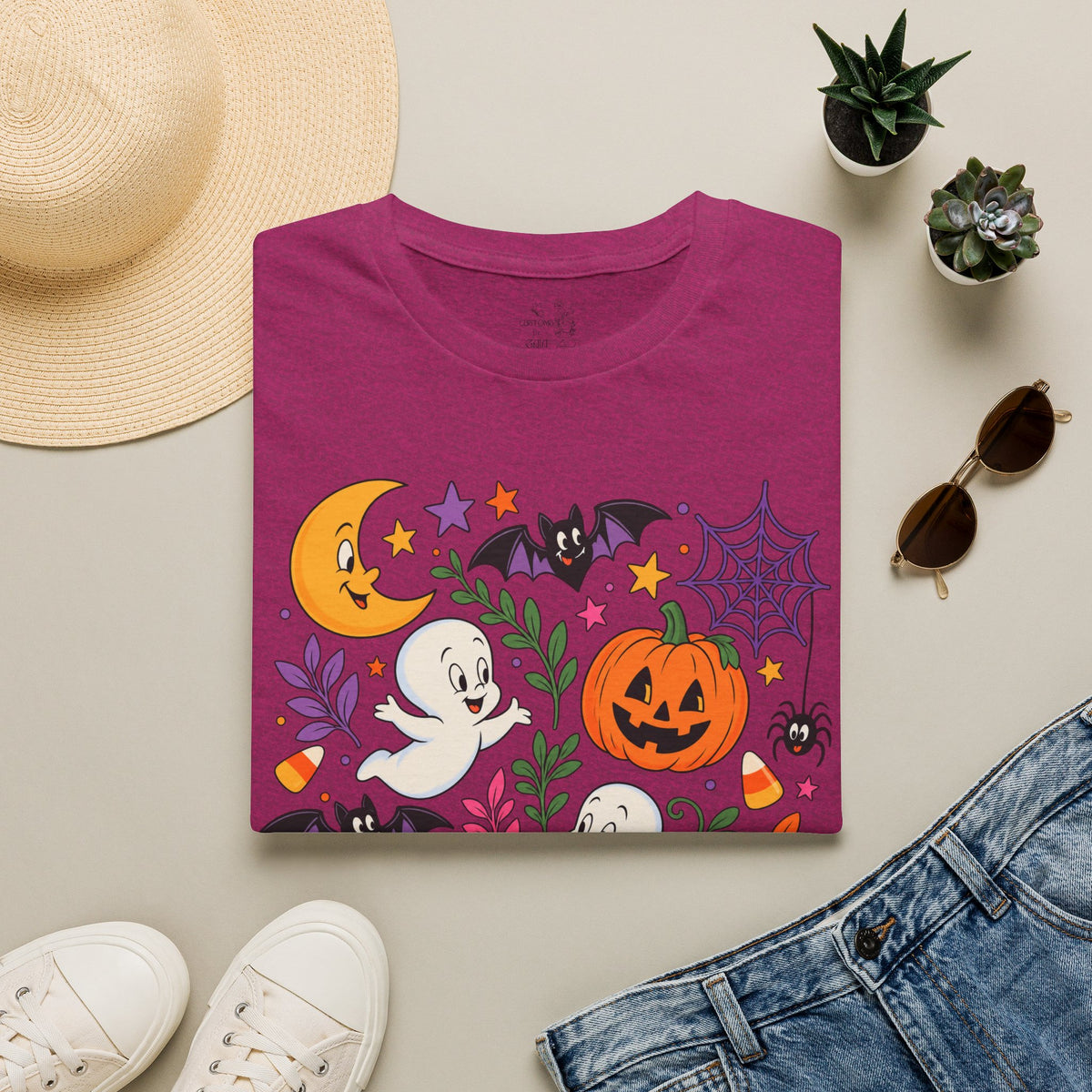 Cute Halloween T-Shirt — Friendly Ghosts, Pumpkins & Bats Graphic