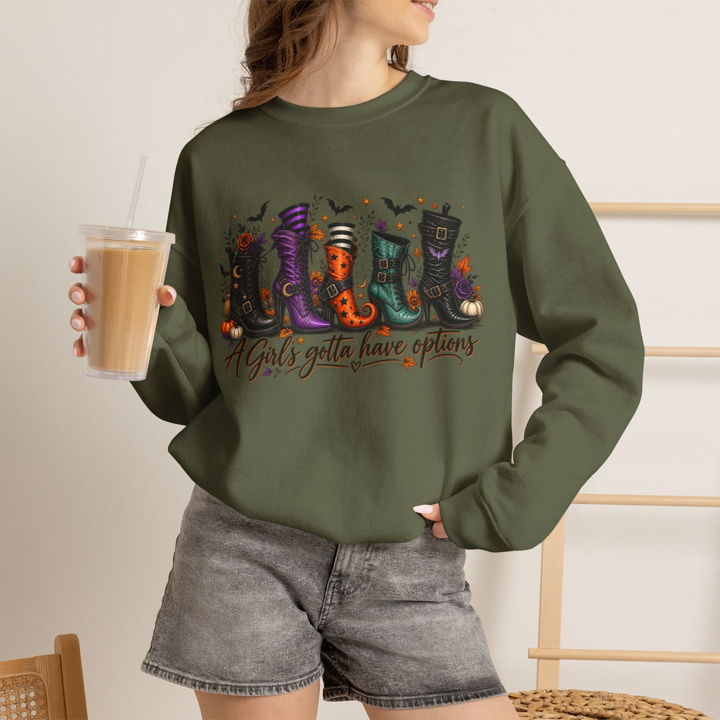 Witch Boots Crewneck Sweatshirt — "A Girl's Gotta Have Options" Halloween Pullover