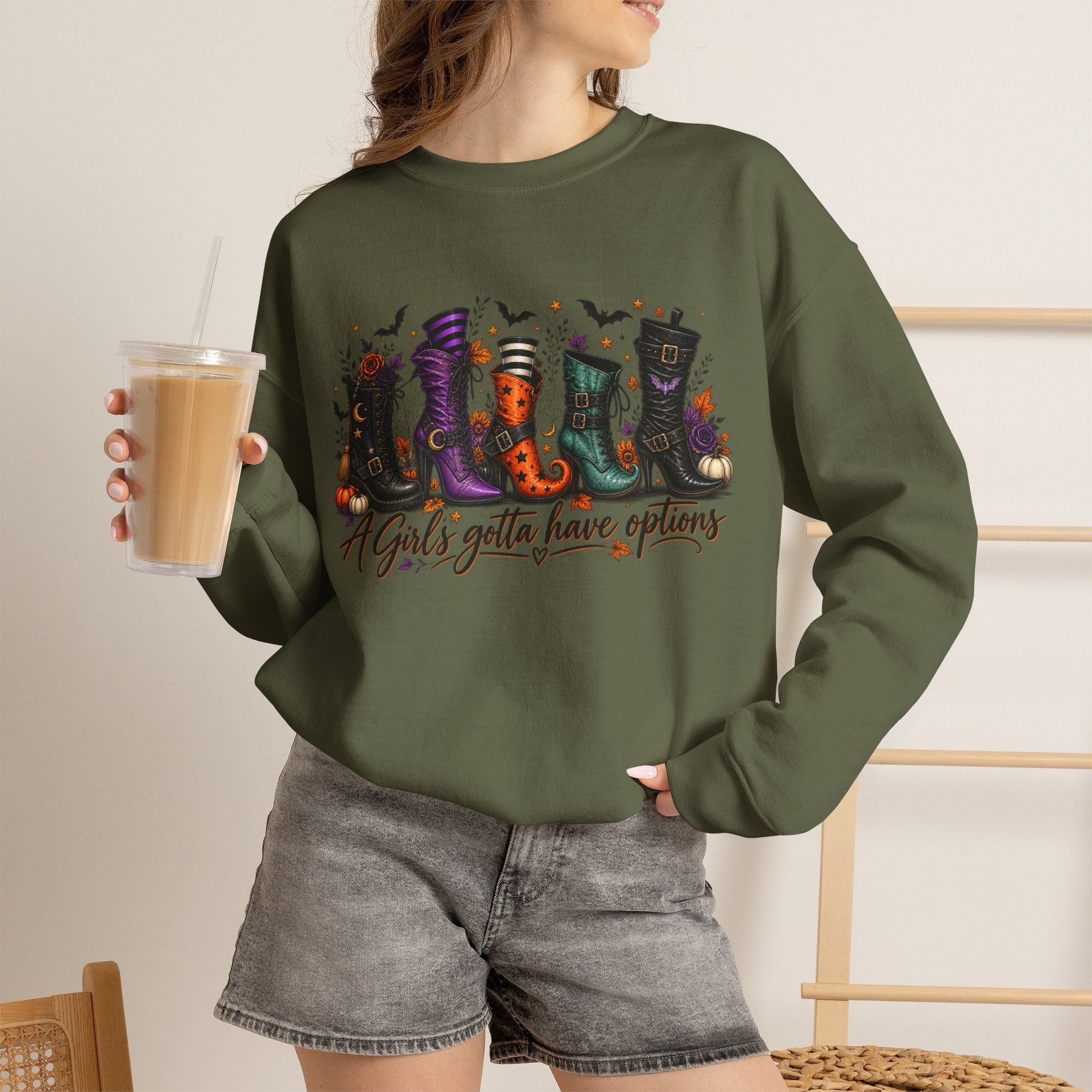 Witch Boots Crewneck Sweatshirt — "A Girl's Gotta Have Options" Halloween Pullover