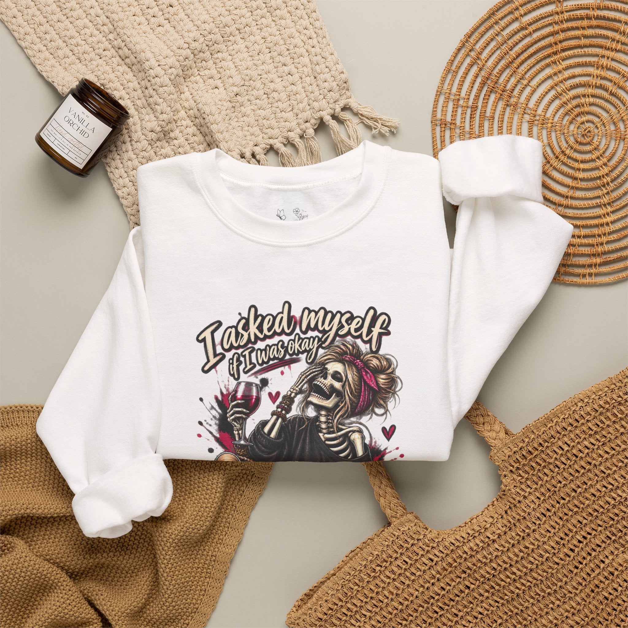 Crewneck Sweatshirt — 'I Asked Myself If I Was Crazy & Then We Started Laughing' Skeleton Graphic