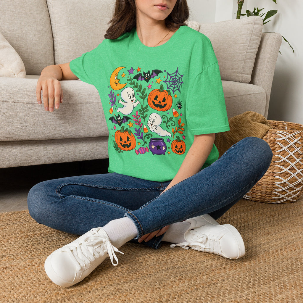 Cute Halloween T-Shirt — Friendly Ghosts, Pumpkins & Bats Graphic