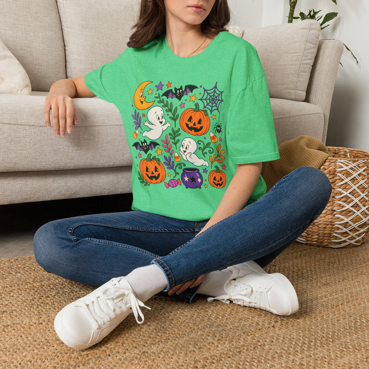 Cute Halloween T-Shirt — Friendly Ghosts, Pumpkins & Bats Graphic