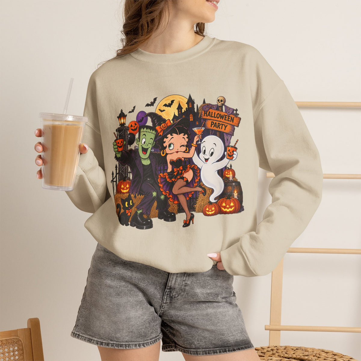 Halloween Betty Boop Crewneck Sweatshirt — Retro Spooky Cartoon Graphic