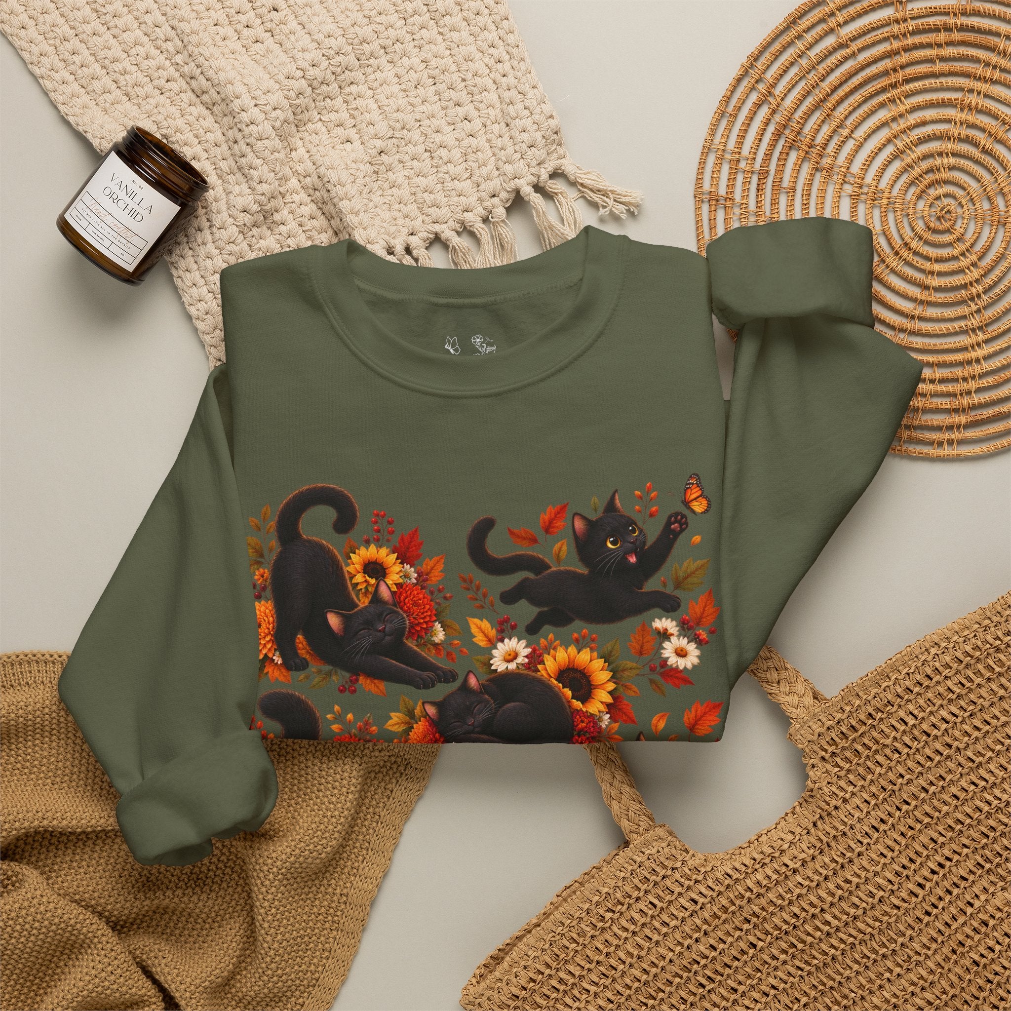 Autumn Black Cats Crewneck Sweatshirt — Fall Floral Halloween Cat Design