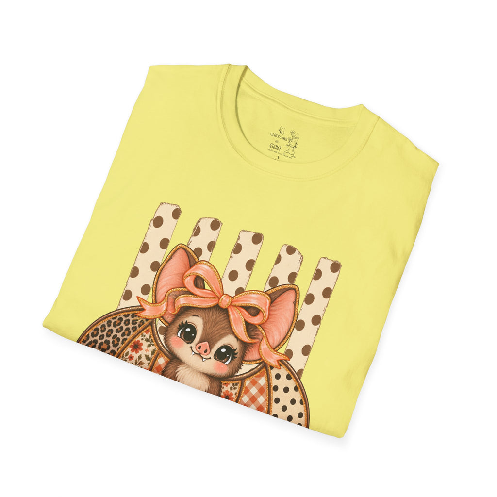 Cute Bat Tee — Adorable Bat with Bow Graphic T-Shirt (Leopard Striped Background)