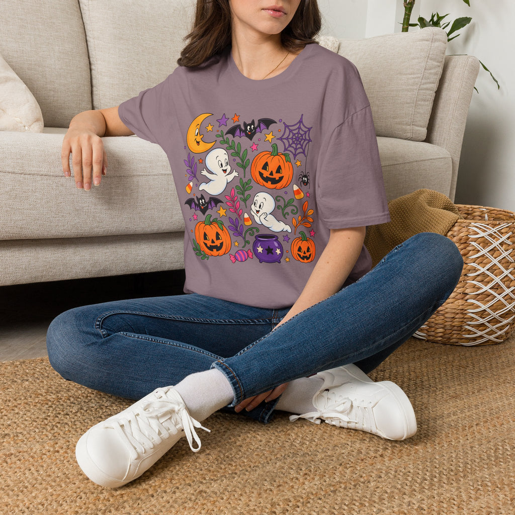 Cute Halloween T-Shirt — Friendly Ghosts, Pumpkins & Bats Graphic
