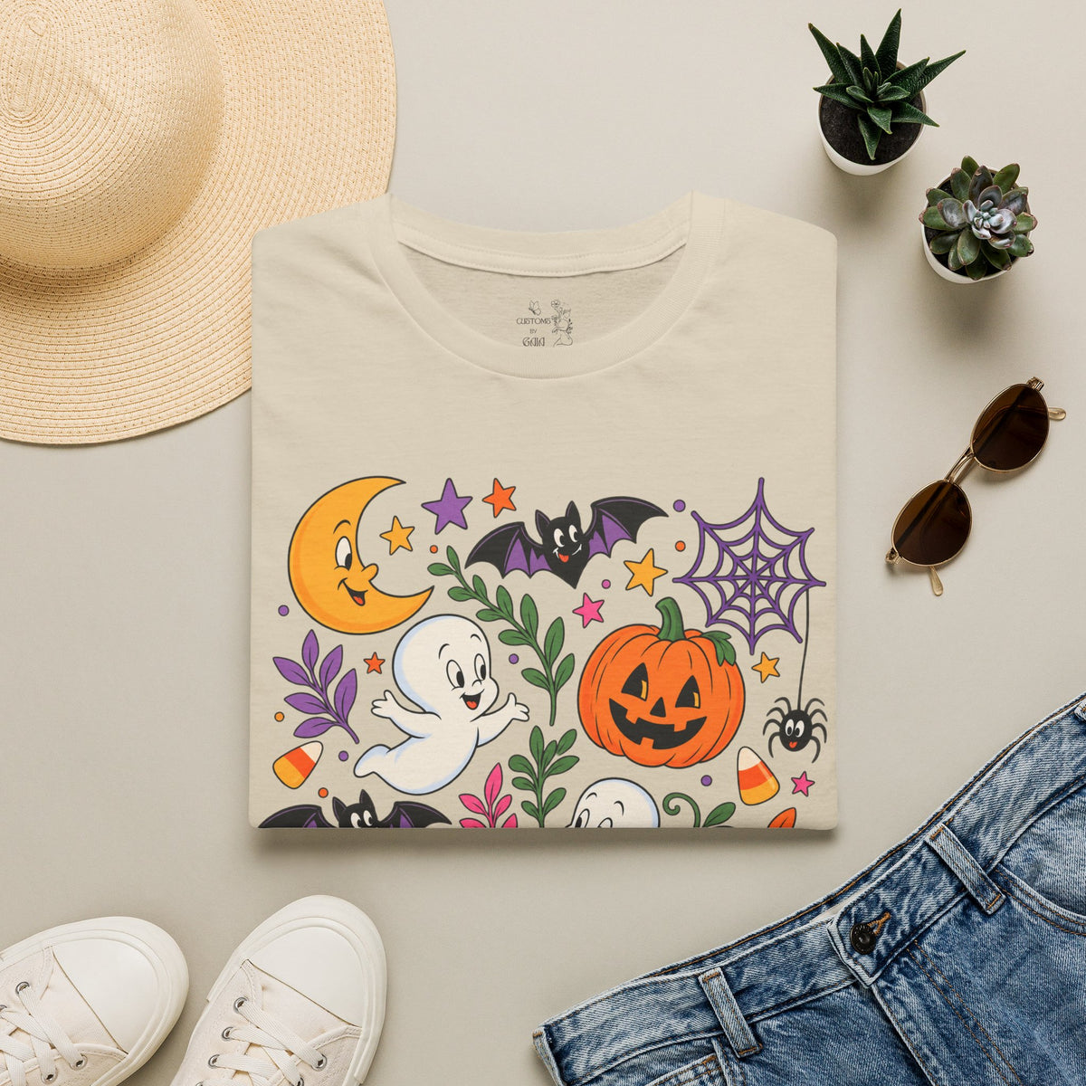Cute Halloween T-Shirt — Friendly Ghosts, Pumpkins & Bats Graphic
