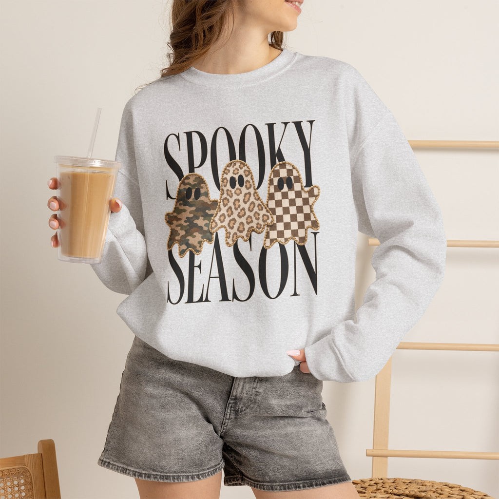 Spooky Season Ghosts Sweatshirt — Neutral Plaid & Camo Halloween Crewneck