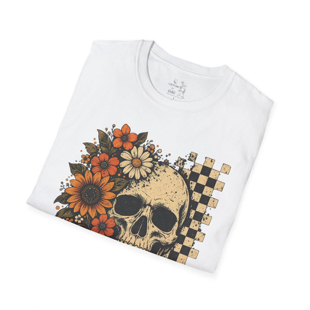 Floral Skull T-Shirt – Gothic Sunflower Checkerboard Design