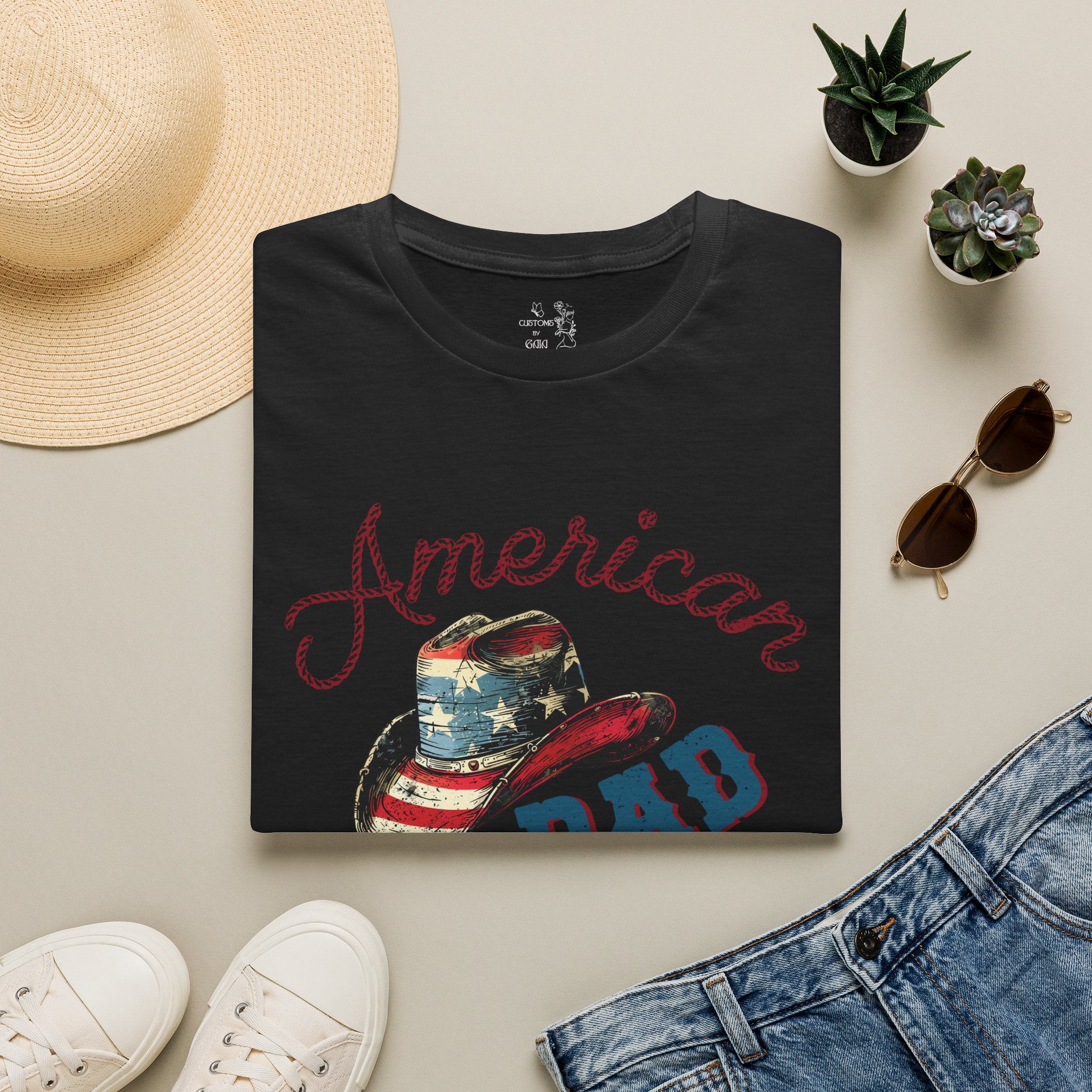 Patriotic “American Dad” Tee — Vintage Flag Cowboy Hat Dad T-Shirt