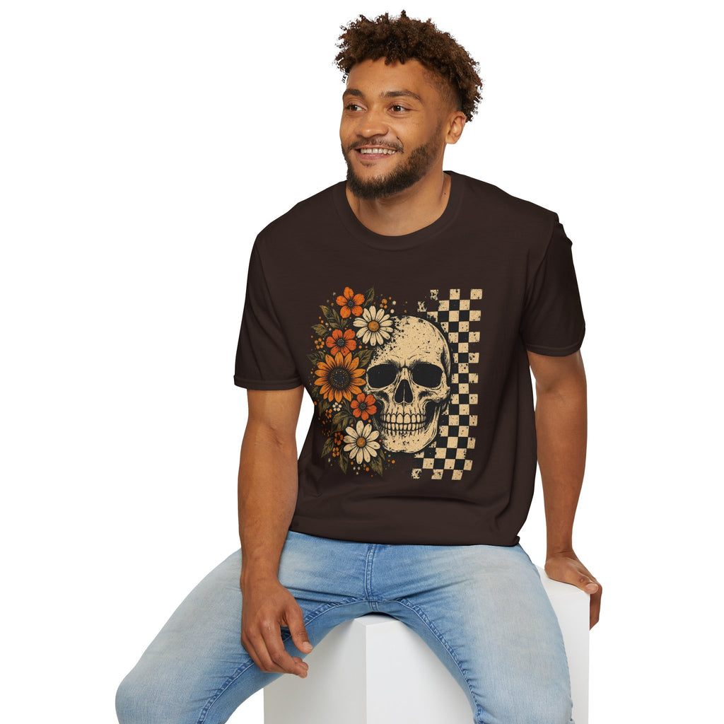 Floral Skull T-Shirt – Gothic Sunflower Checkerboard Design