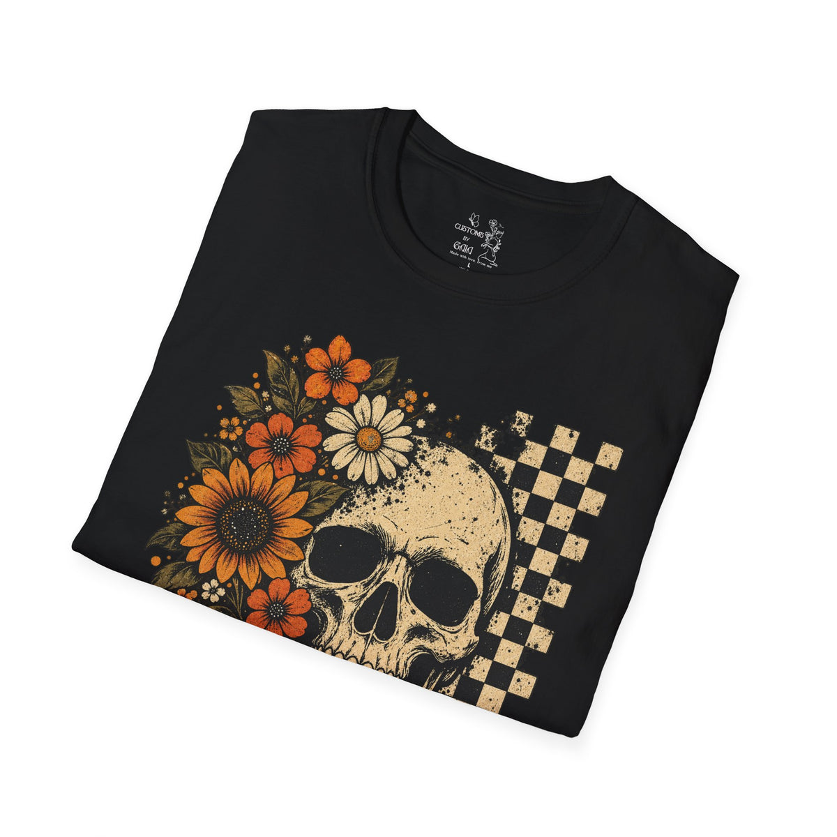 Floral Skull T-Shirt – Gothic Sunflower Checkerboard Design