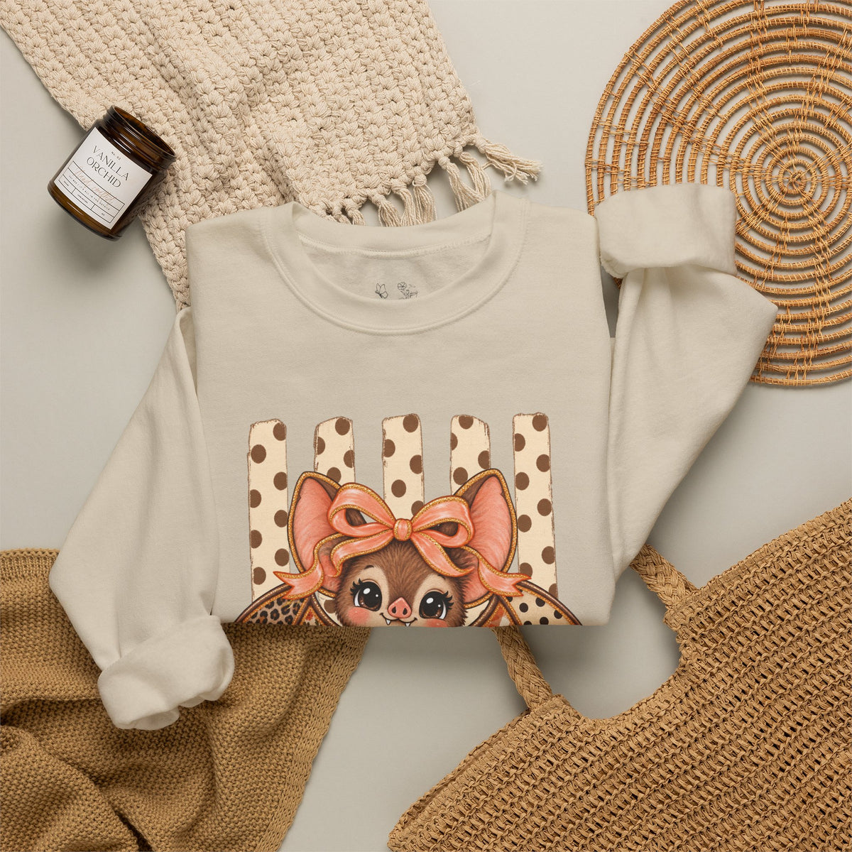 Cute Bat Crewneck Sweatshirt — Kawaii Bat with Bow Graphic