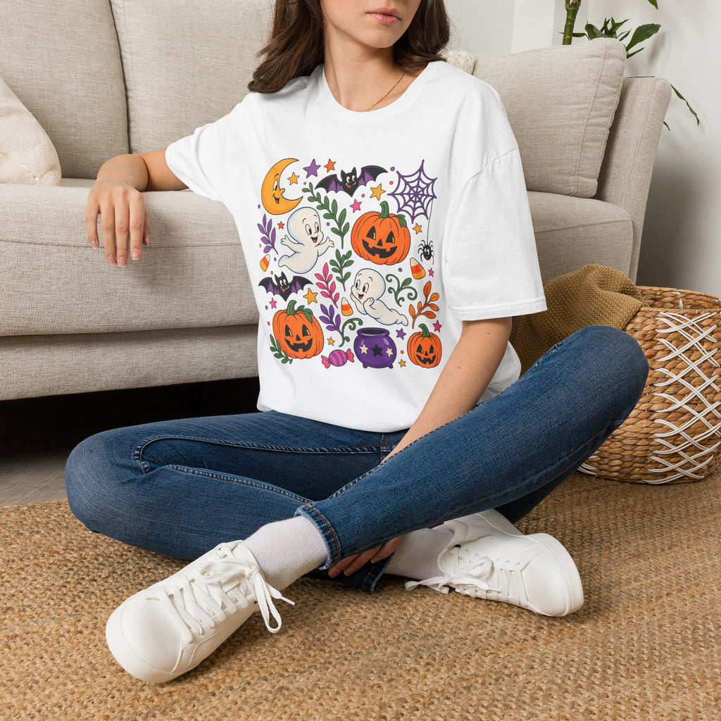 Cute Halloween T-Shirt — Friendly Ghosts, Pumpkins & Bats Graphic