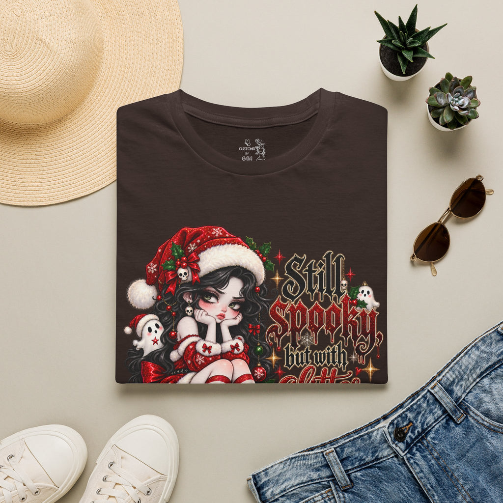 Christmas Goth T‑Shirt – "Still Spooky But With Glitter" Elf Girl Holiday Tee