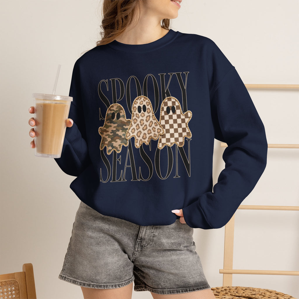 Spooky Season Ghosts Sweatshirt — Neutral Plaid & Camo Halloween Crewneck