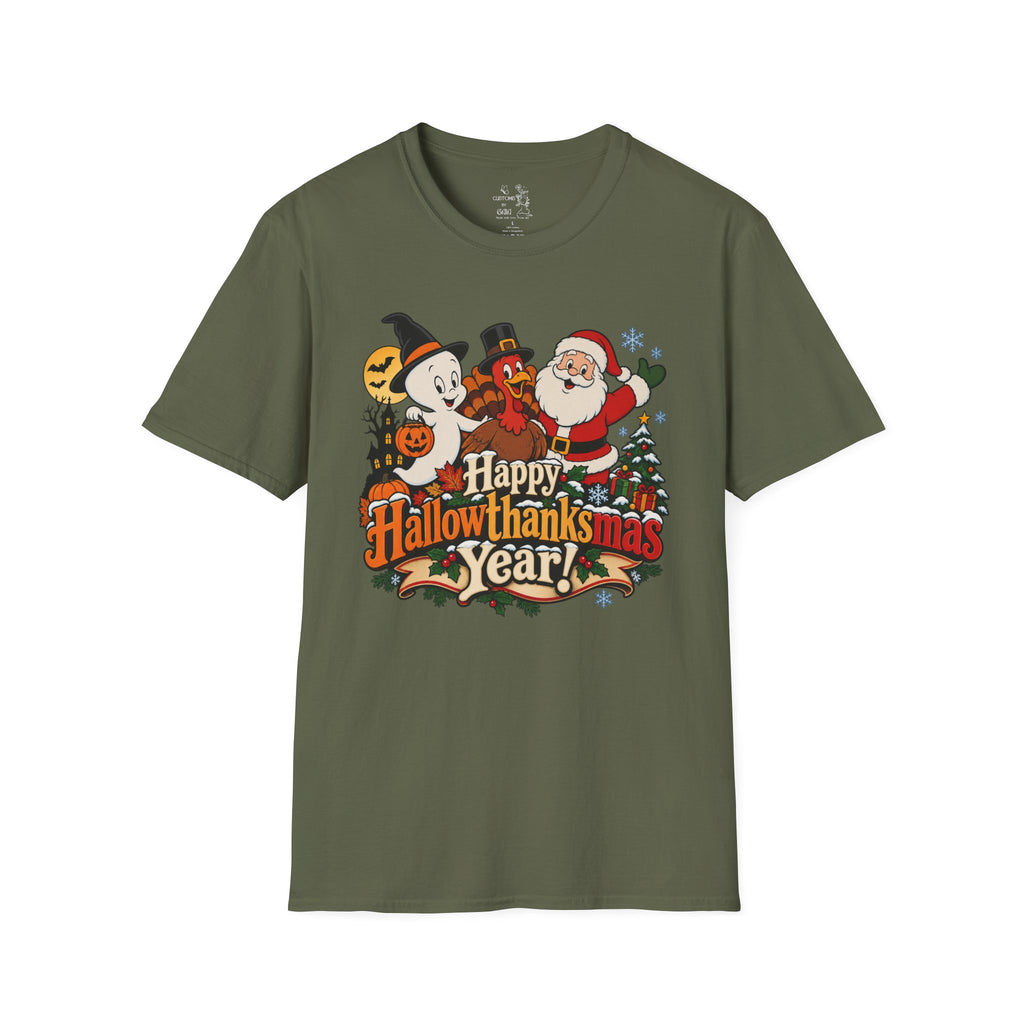 Halloween Thanksgiving Christmas Mashup Tee — "Happy HallowThanksMas This Year"
