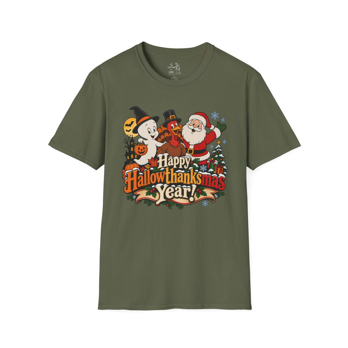 Halloween Thanksgiving Christmas Mashup Tee — "Happy HallowThanksMas This Year"