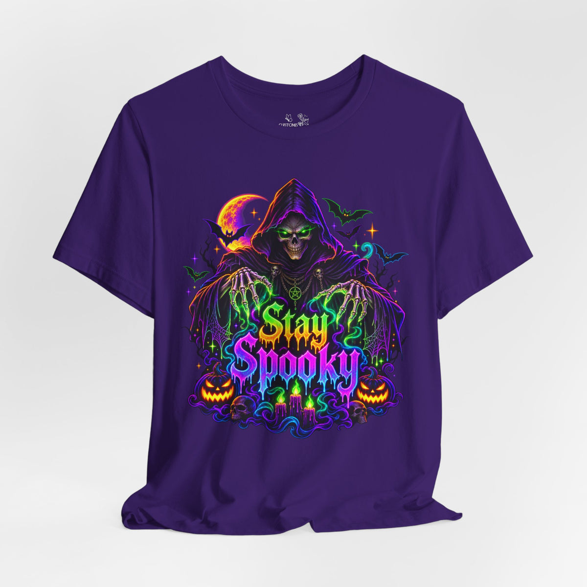 Stay Spooky Halloween Tee — Neon Grim Reaper & Haunted Castle Graphic T-Shirt