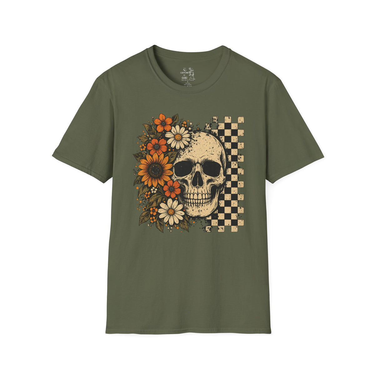 Floral Skull T-Shirt – Gothic Sunflower Checkerboard Design