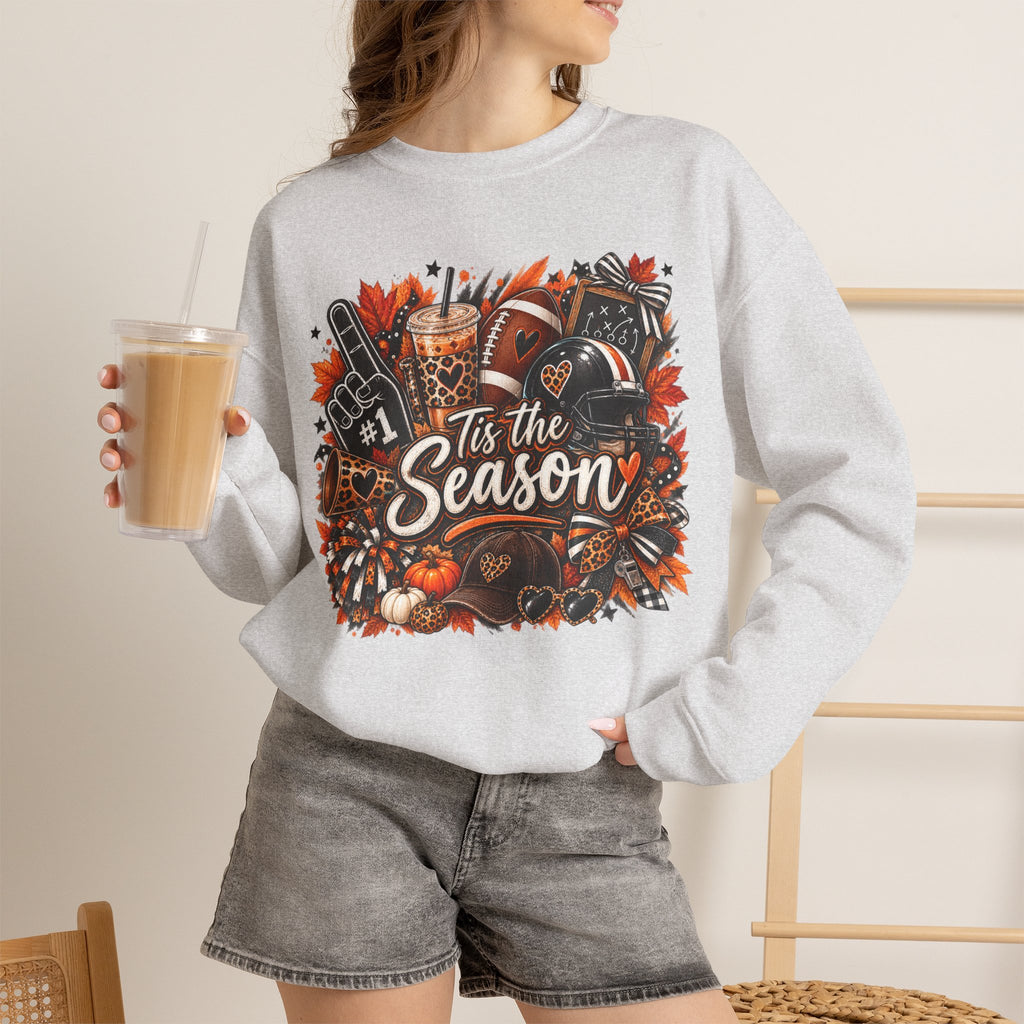 Tis the Season Fall Sweatshirt - Cozy Autumn Leaves & Football Crewneck