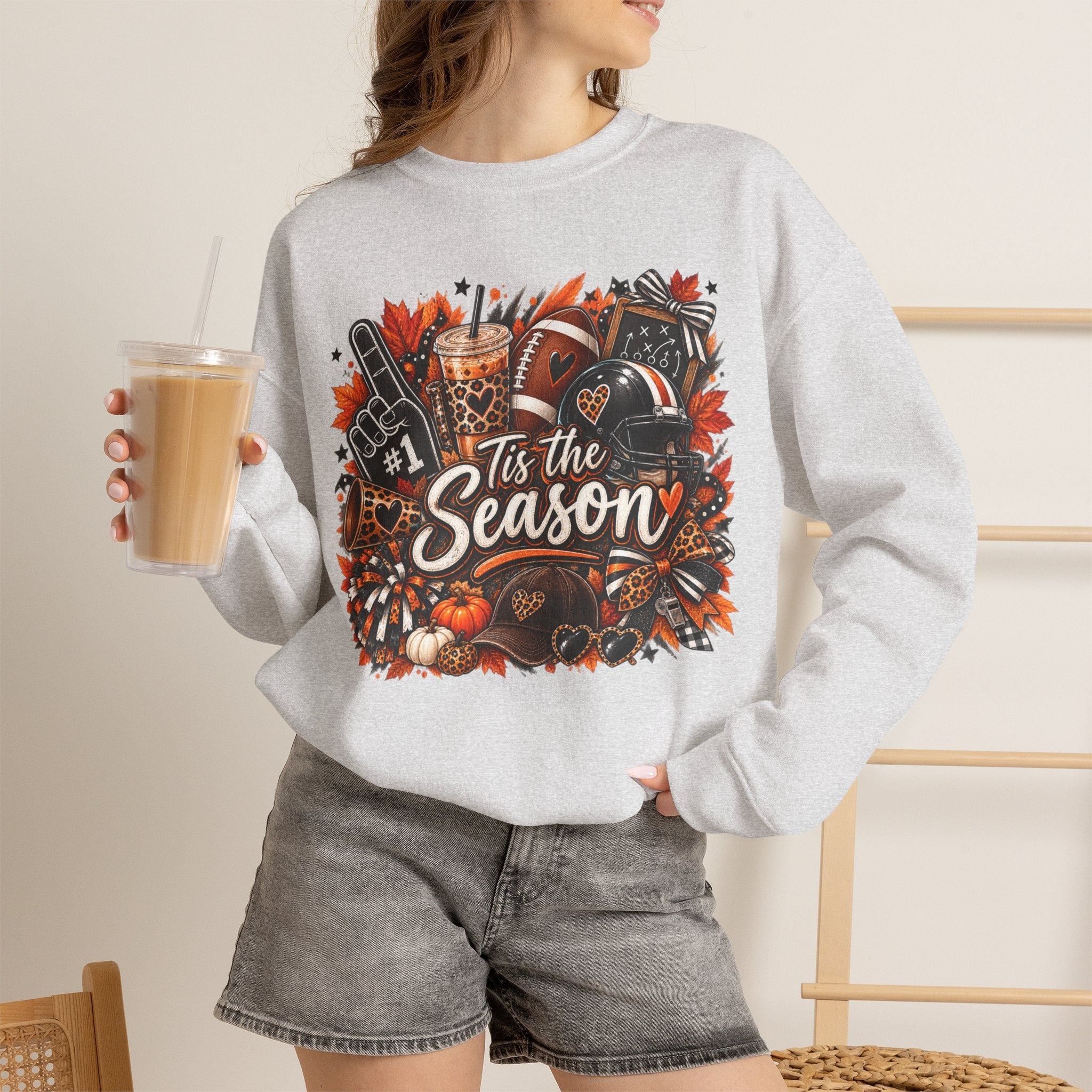 Tis the Season Fall Sweatshirt - Cozy Autumn Leaves & Football Crewneck