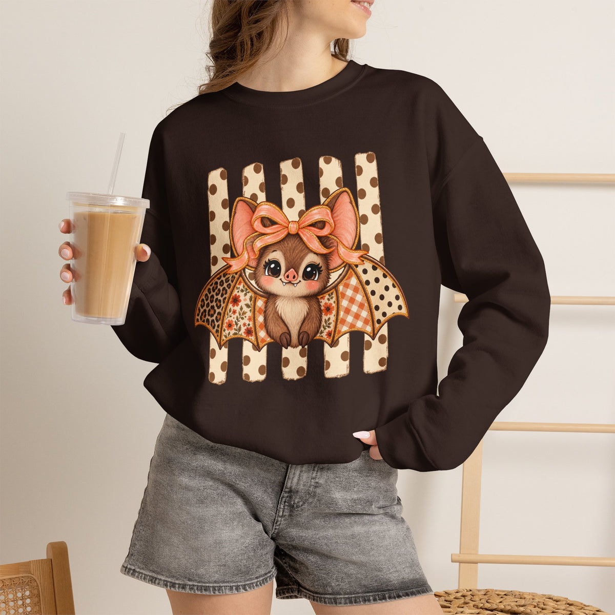 Cute Bat Crewneck Sweatshirt — Kawaii Bat with Bow Graphic
