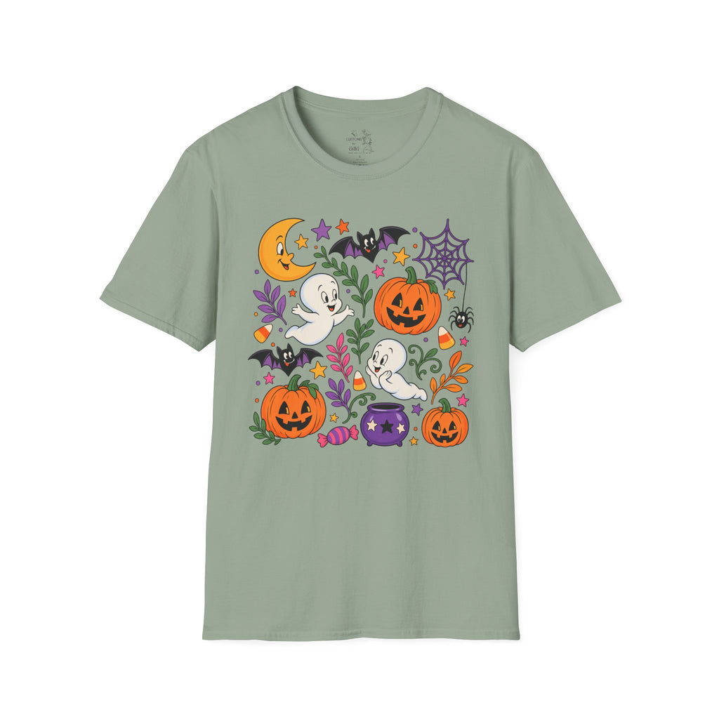 Cute Halloween T-Shirt — Friendly Ghosts, Pumpkins & Bats Graphic