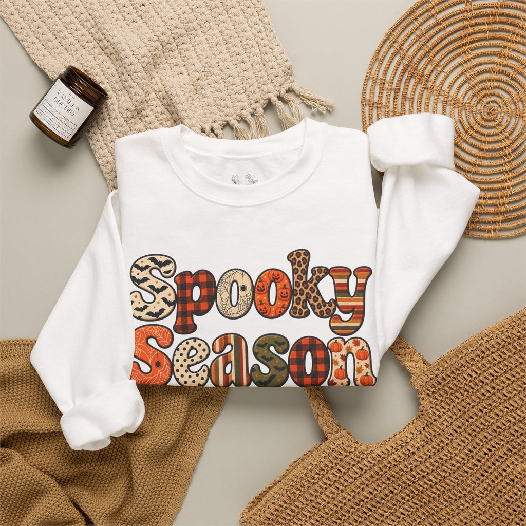 Spooky Season Sweatshirt — Retro Patterned Halloween Crewneck