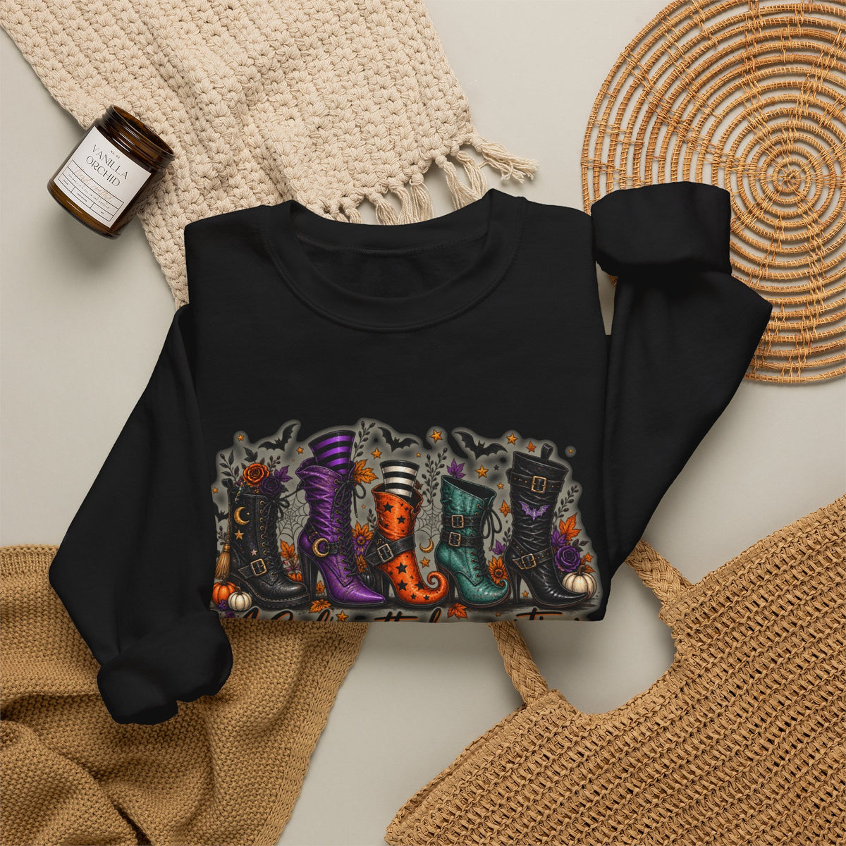 Witch Boots Crewneck Sweatshirt — "A Girl's Gotta Have Options" Halloween Pullover
