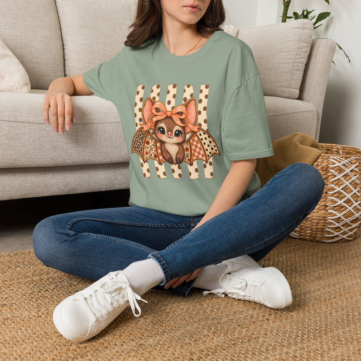 Cute Bat Tee — Adorable Bat with Bow Graphic T-Shirt (Leopard Striped Background)