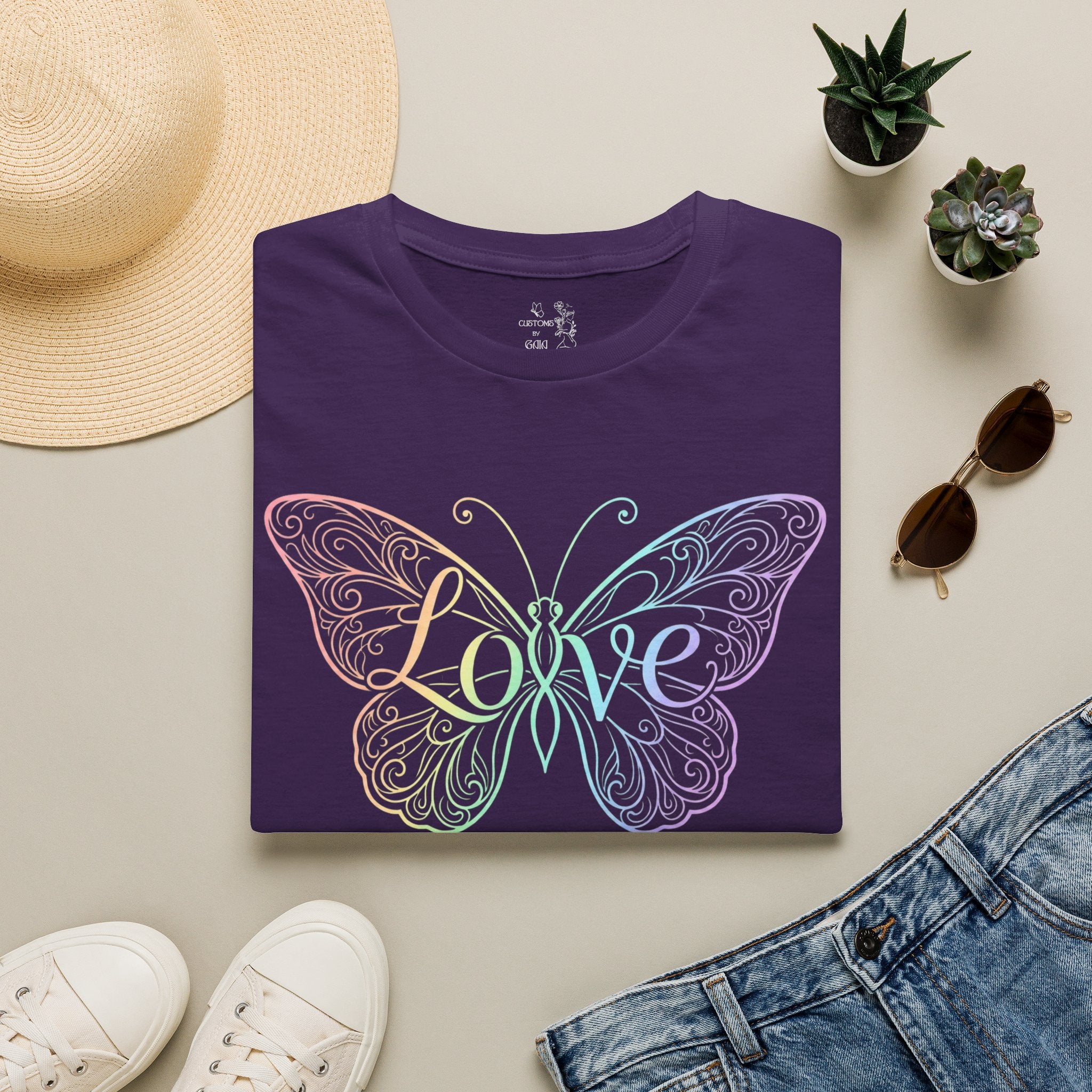 Butterfly "Love" T-Shirt — Pastel Rainbow Filigree Design