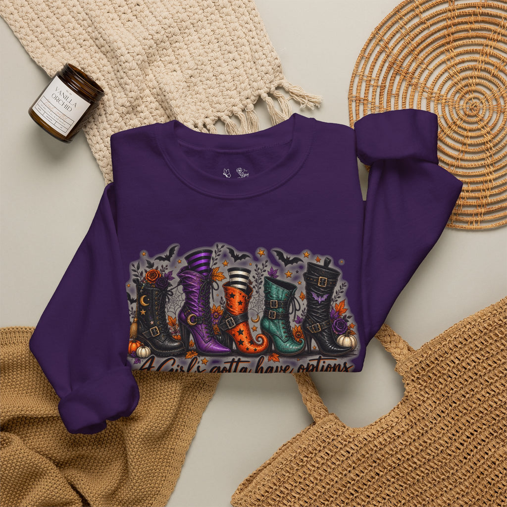 Witch Boots Crewneck Sweatshirt — "A Girl's Gotta Have Options" Halloween Pullover