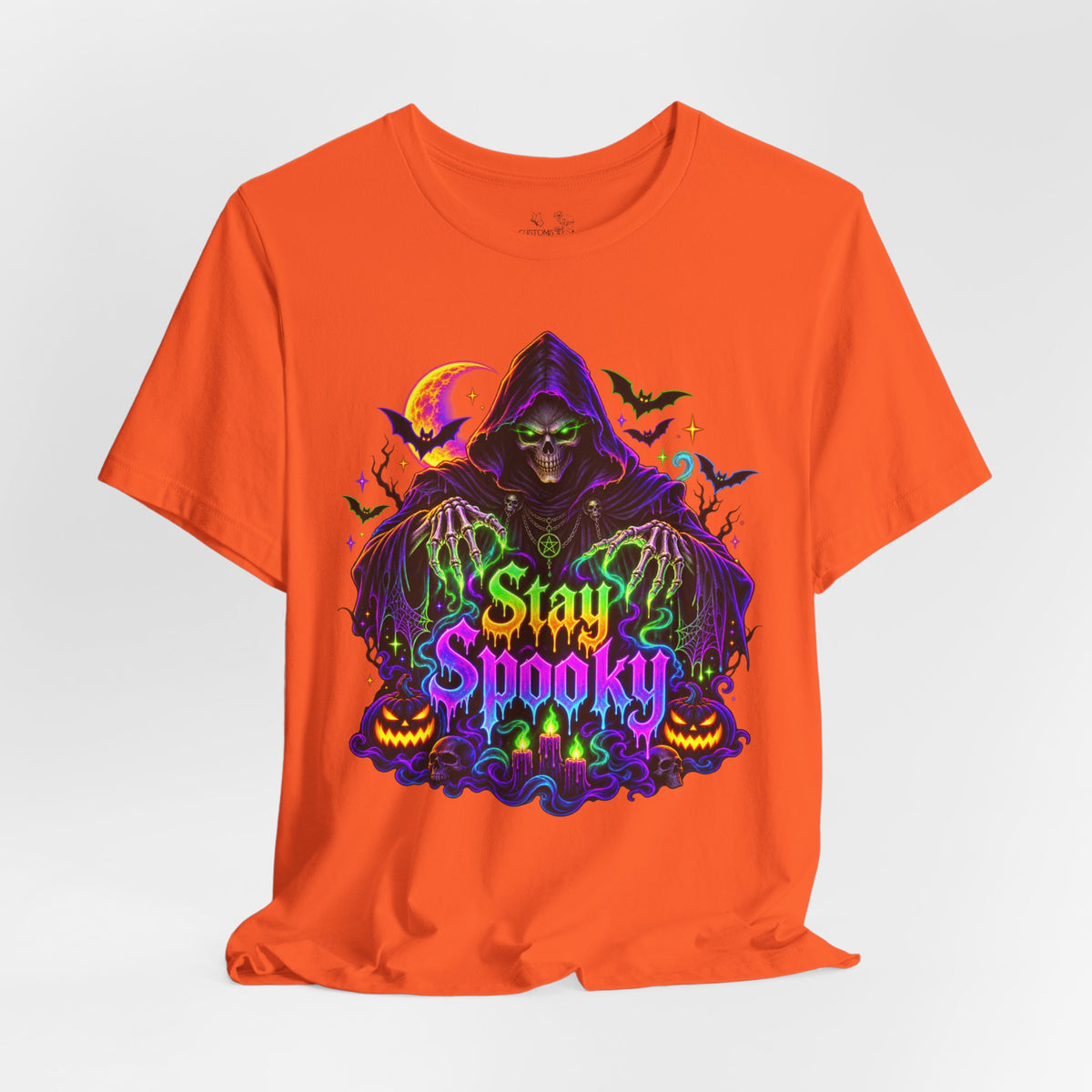 Stay Spooky Halloween Tee — Neon Grim Reaper & Haunted Castle Graphic T-Shirt