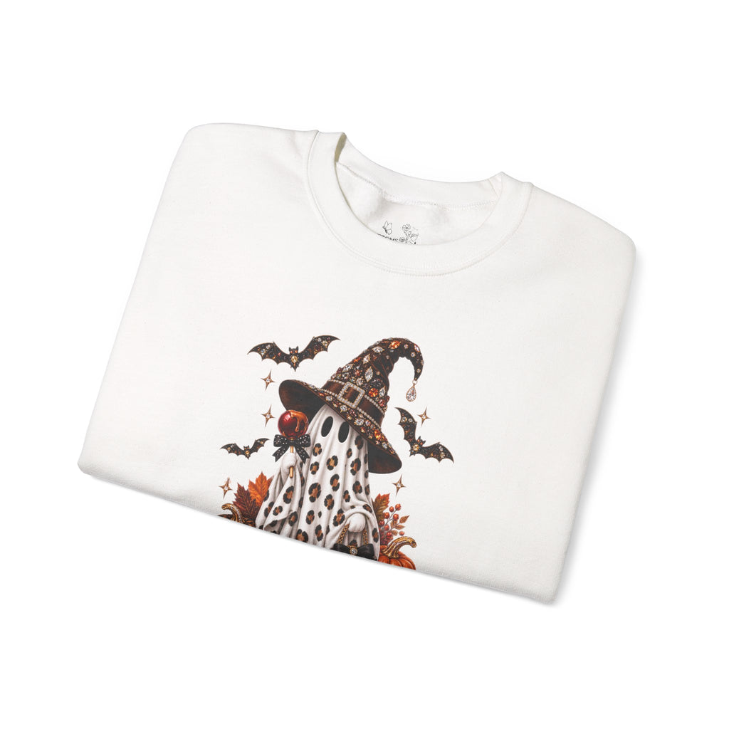 Halloween Ghost Sweatshirt – Spooky Gnome with Witch Hat, Pumpkins & Bats Crewneck