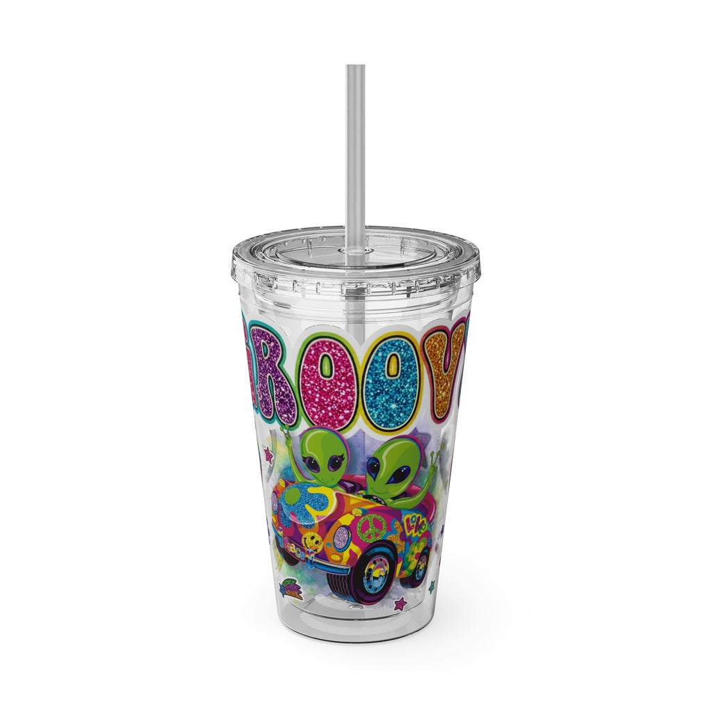 Groovy Aliens 16oz Tumbler with Straw — Retro Peace Sign, Psychedelic Van Design