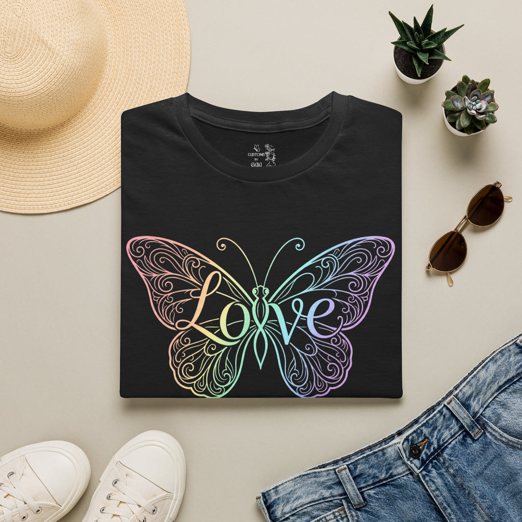 Butterfly "Love" T-Shirt — Pastel Rainbow Filigree Design