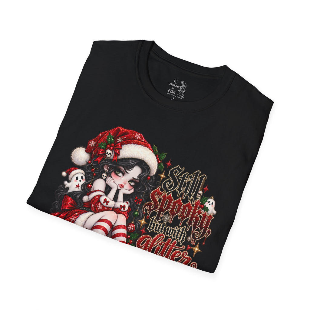 Christmas Goth T‑Shirt – "Still Spooky But With Glitter" Elf Girl Holiday Tee