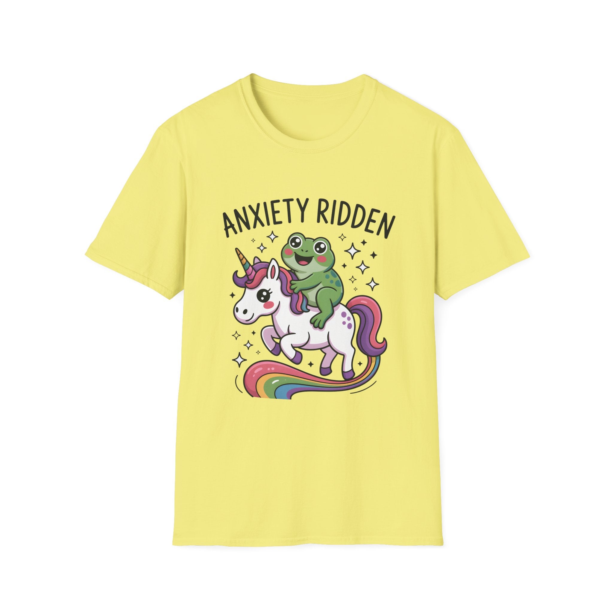 Anxiety Ridden Frog on Unicorn T-Shirt — Cute Mental Health Awareness Graphic Tee