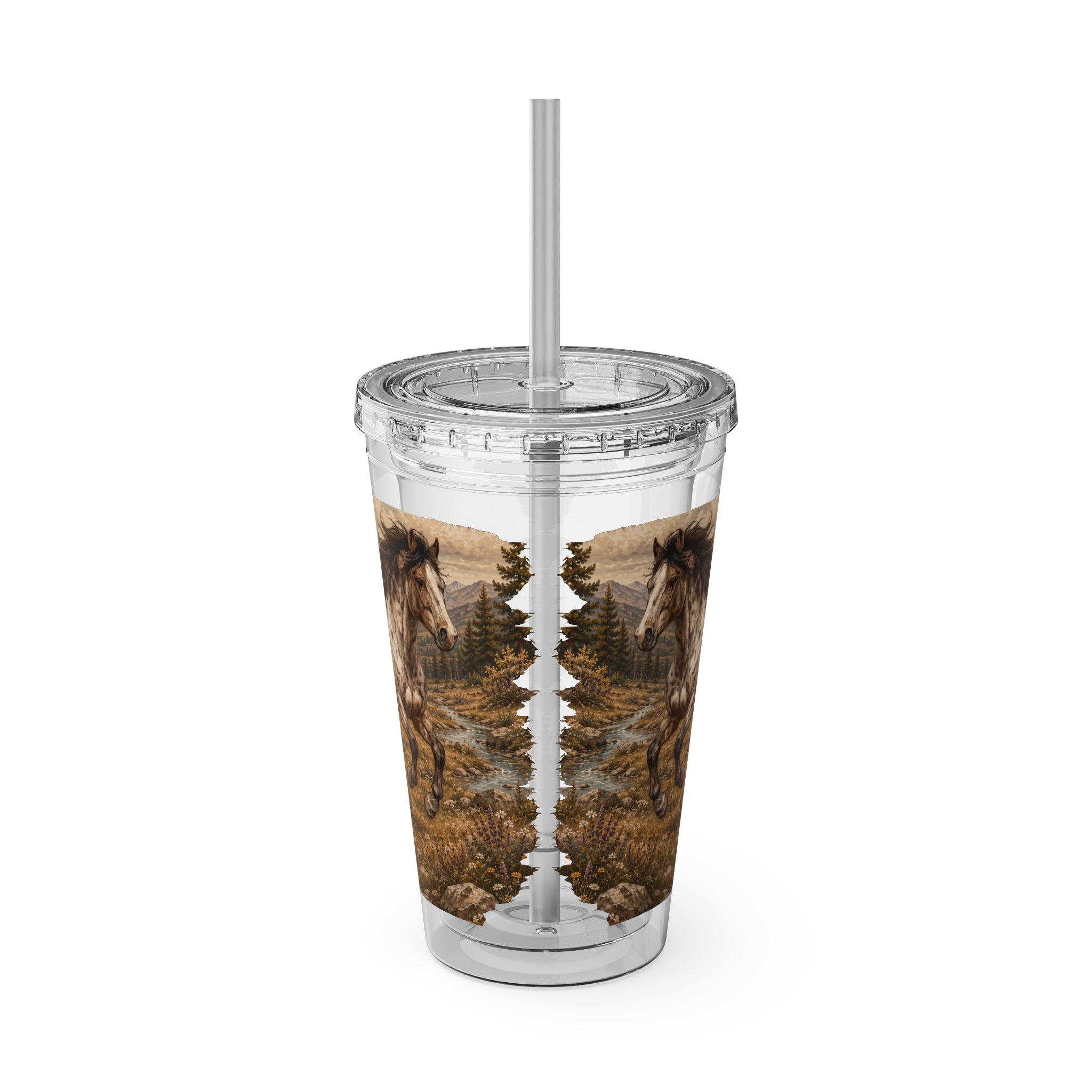 16oz Horse Sunset Tumbler with Straw — Mountain Trail Sunsplash Design