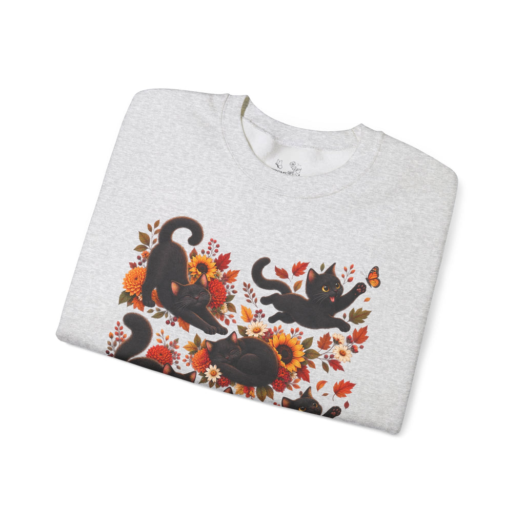 Autumn Black Cats Crewneck Sweatshirt — Fall Floral Halloween Cat Design