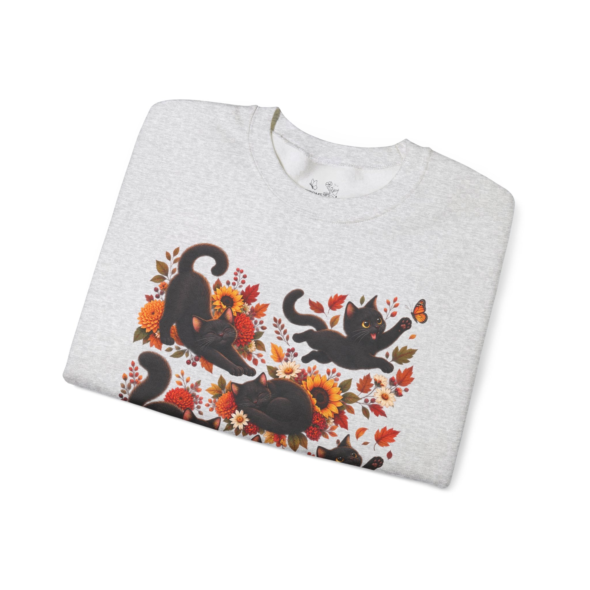 Autumn Black Cats Crewneck Sweatshirt — Fall Floral Halloween Cat Design
