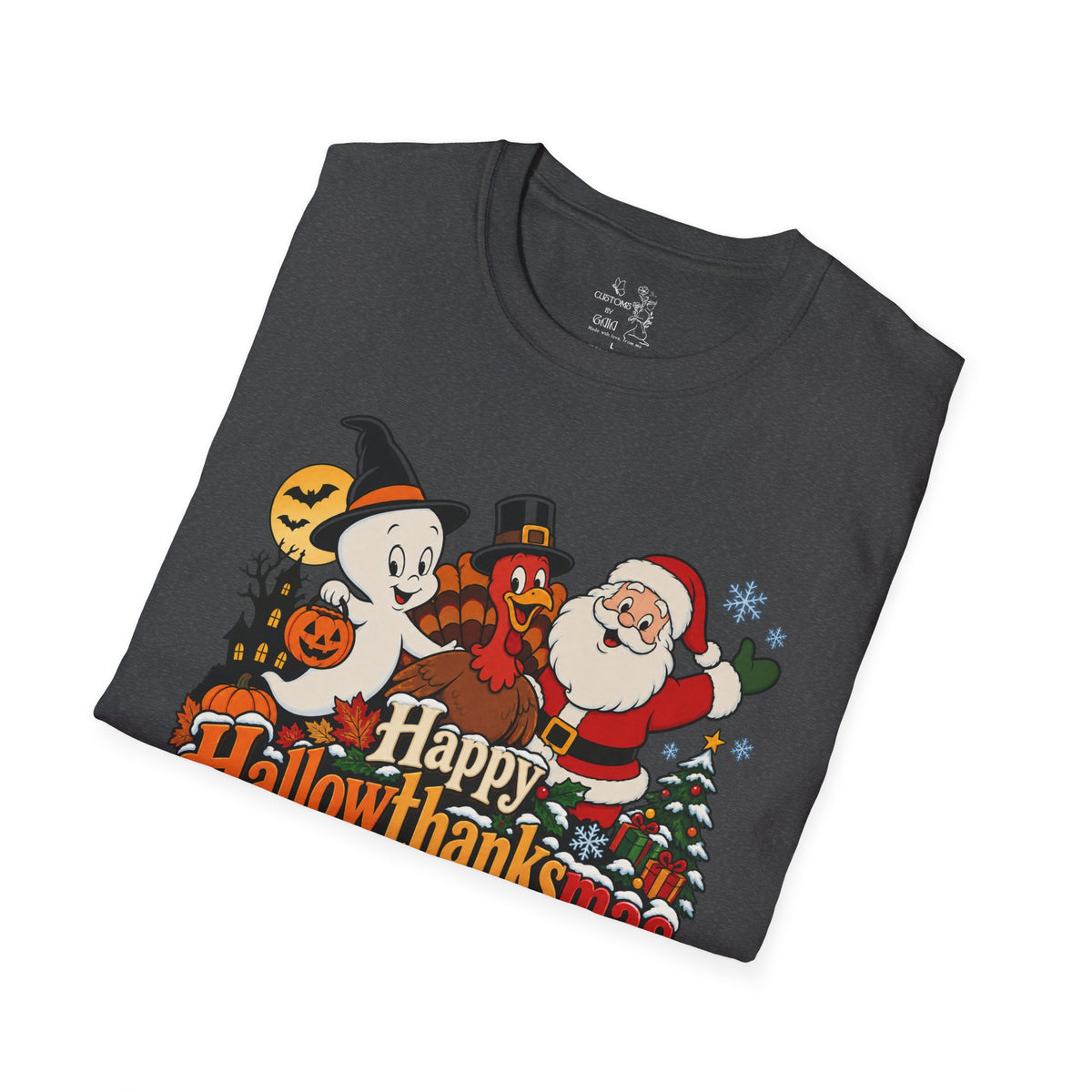 Halloween Thanksgiving Christmas Mashup Tee — "Happy HallowThanksMas This Year"