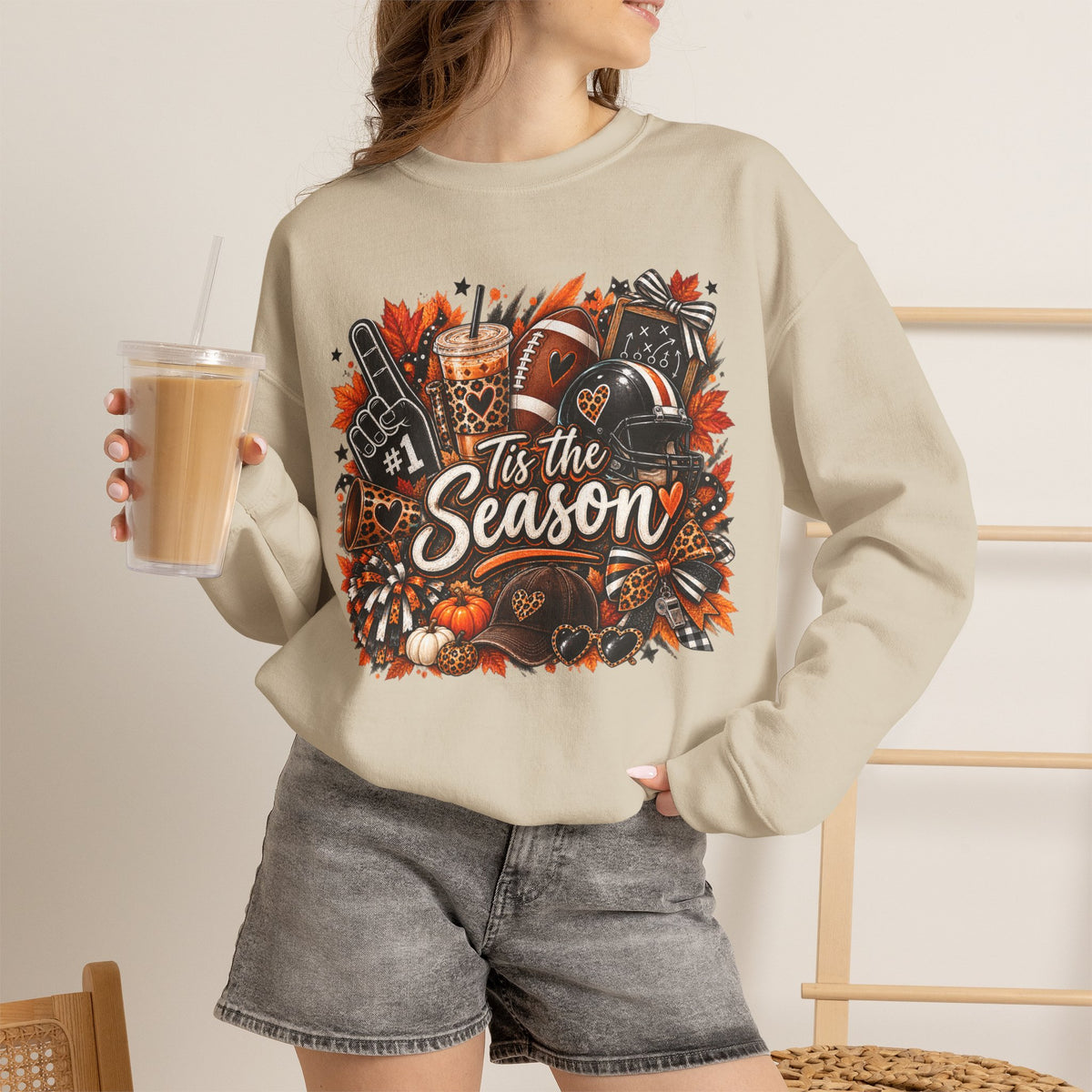 Tis the Season Fall Sweatshirt - Cozy Autumn Leaves & Football Crewneck