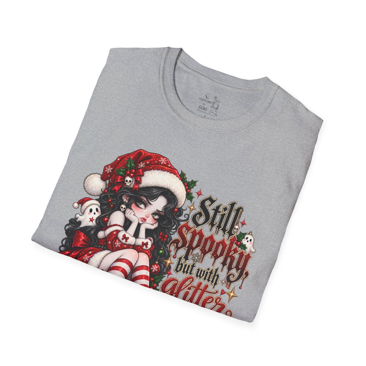 Christmas Goth T‑Shirt – "Still Spooky But With Glitter" Elf Girl Holiday Tee