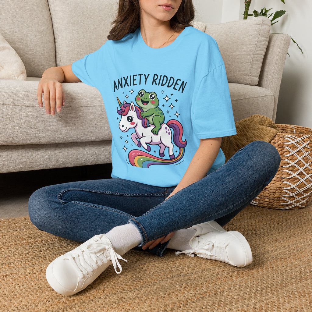 Anxiety Ridden Frog on Unicorn T-Shirt — Cute Mental Health Awareness Graphic Tee