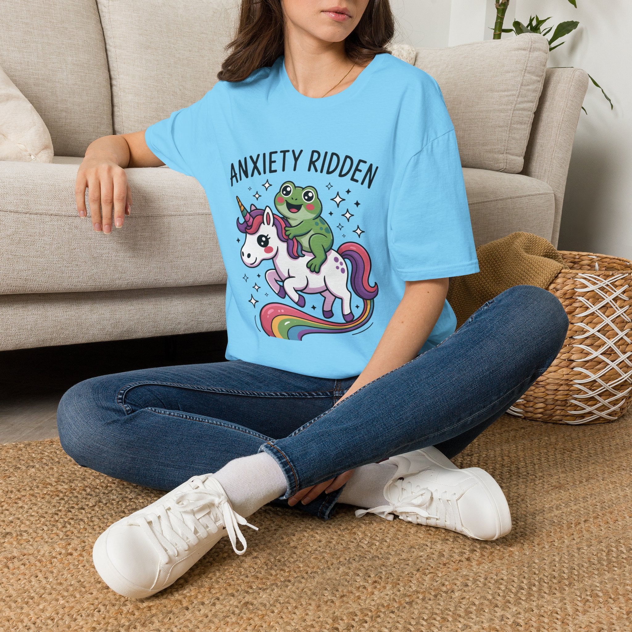 Anxiety Ridden Frog on Unicorn T-Shirt — Cute Mental Health Awareness Graphic Tee