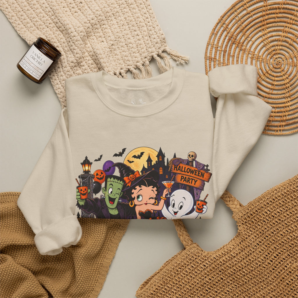 Halloween Betty Boop Crewneck Sweatshirt — Retro Spooky Cartoon Graphic
