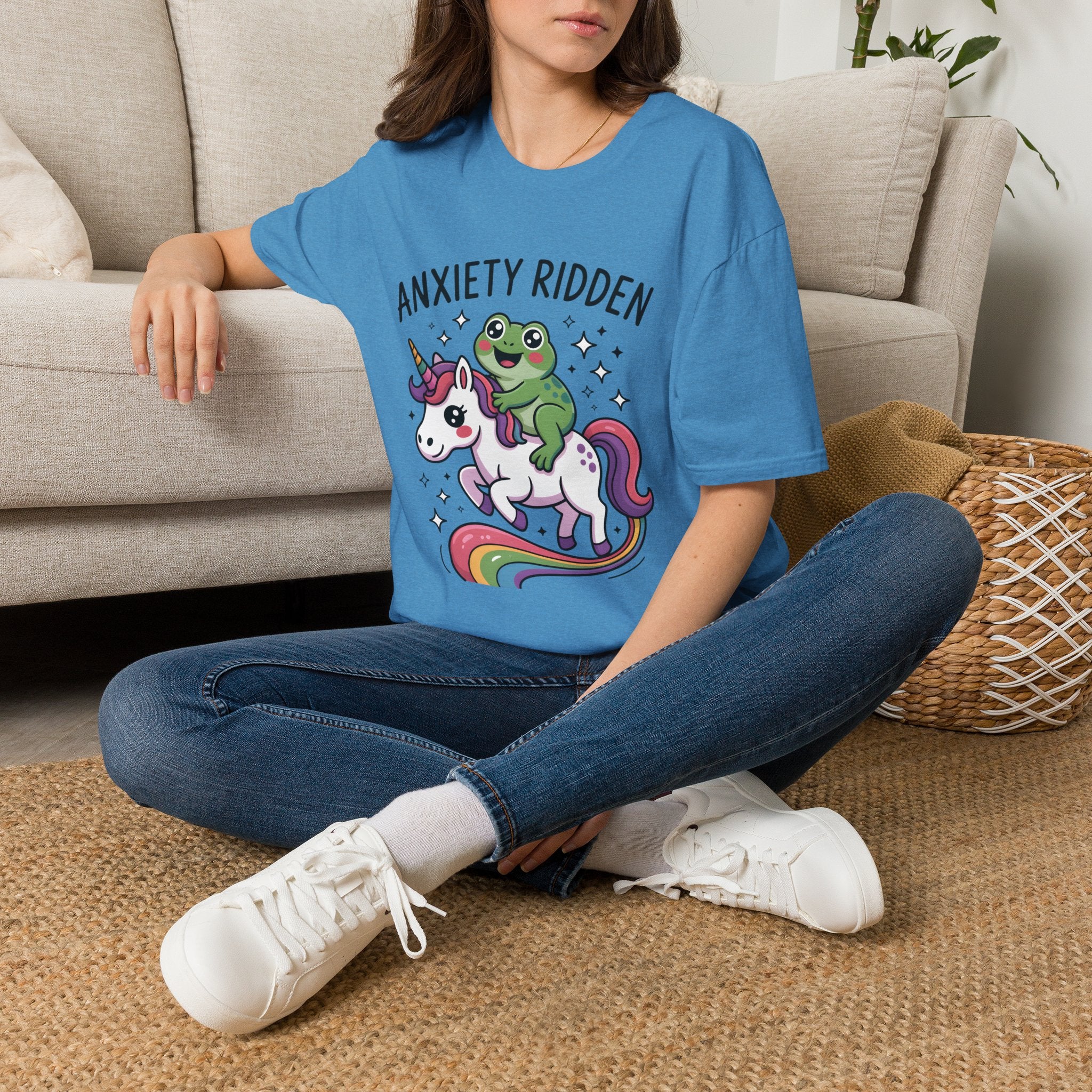 Anxiety Ridden Frog on Unicorn T-Shirt — Cute Mental Health Awareness Graphic Tee